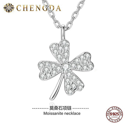 Sterling Silver Four Leaf Clover Moissanite Pendant Necklace