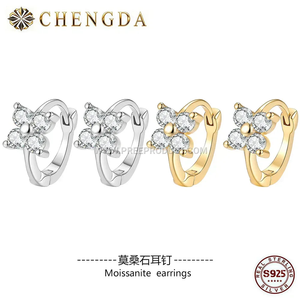 Sterling Silver Four Leaf Clover Moissanite Hoop Earrings