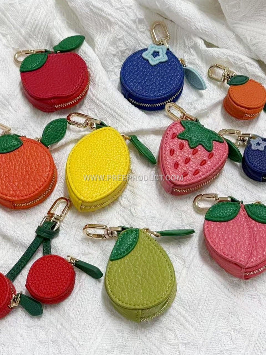 Fruit‑Print Mini PU Wallet Keychain with Fresh‑Style Storage