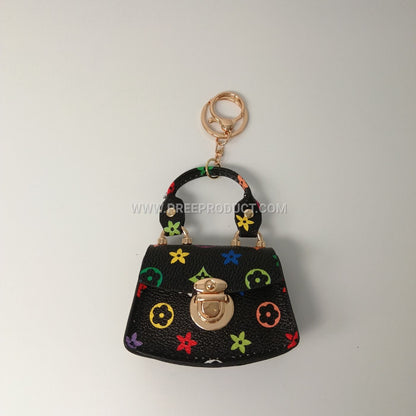 Mini PU Wallet with Fan‑Print and Metal Clasp Keychain