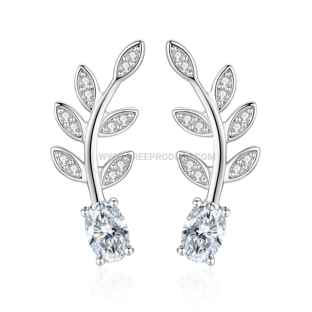 Sterling Silver Olive Leaf Stud Earrings Set with Sparkling Stones