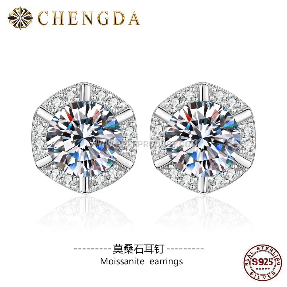Geometric Moissanite Solitaire Stud Earrings 925 Silver