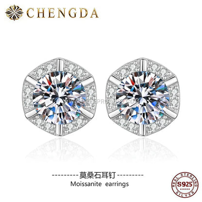 Geometric Moissanite Solitaire Stud Earrings 925 Silver