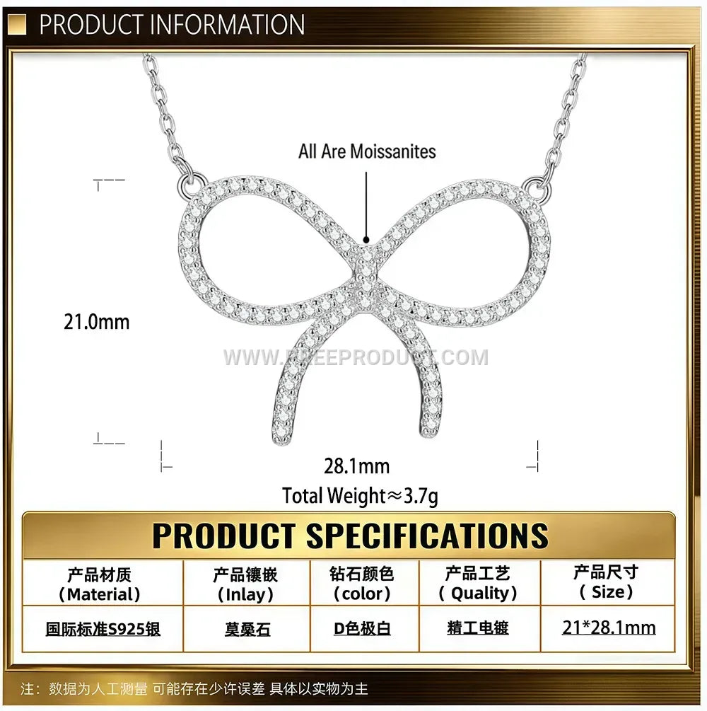 Pave Bowknot Moissanite Pendant Necklace in Sterling Silver